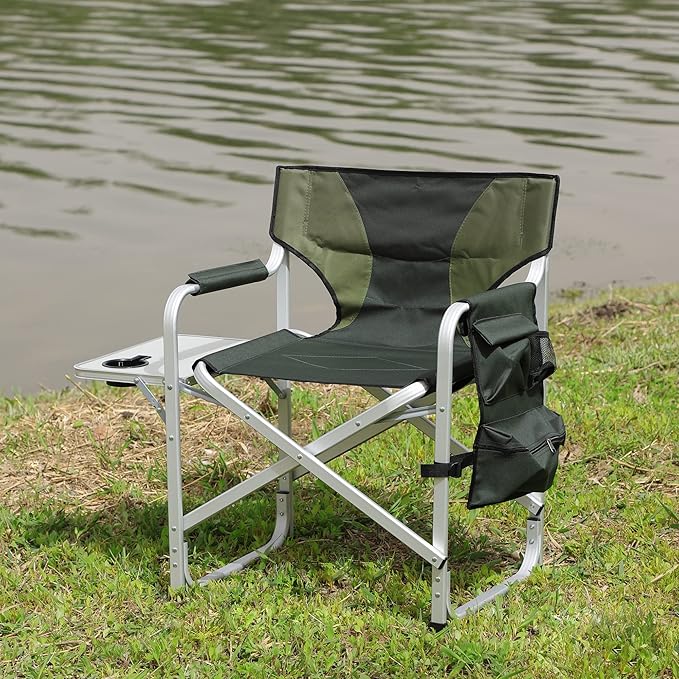 1-Piece Padded Folding Outdoor Chair with Side Table Lightweight Oversized Design for Camping Picnics and Fishing Green