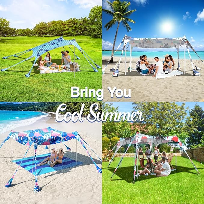 Rhino Valley Beach Tent Shade Canopy UPF50+ Protection 8 Sandbags 4 Stability Poles Outdoor Sun Shelter Umbrella for Sand Camping Fishing Essentials