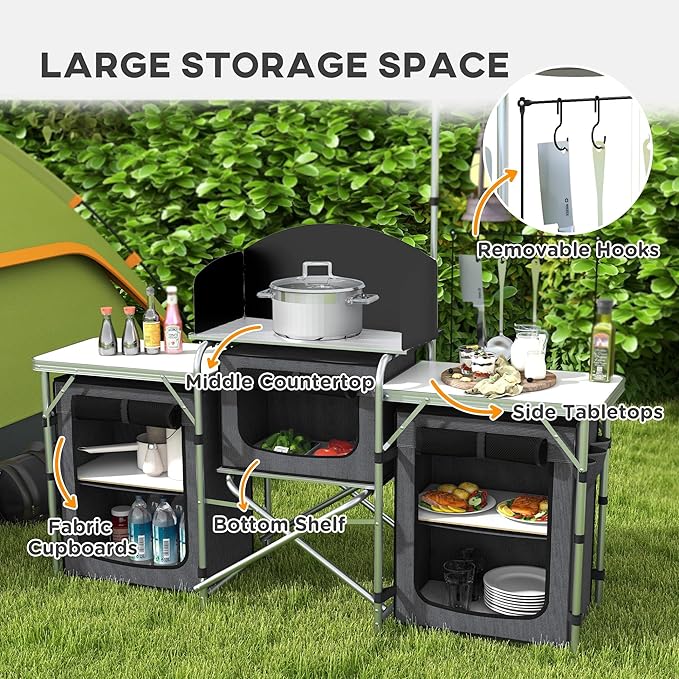Outsunny Camping Kitchen Table Portable Folding Camp Kitchen Aluminum Cook Station with 3 Fabric Cupboards Windshield Carrying Bag for BBQ RV Picnic Black