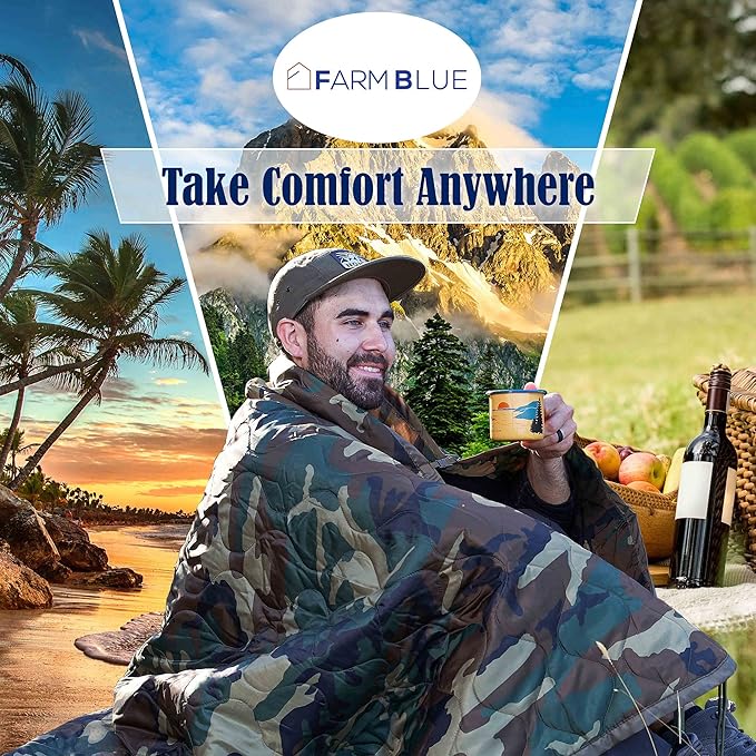 Farm Blue Jungle Camo Army Camping Blanket - Authentic and Improved Woobie Blanket Poncho Liner - Lightweight Multi-Functional All Weather Versatile - Go Backpacking or Car Camping Outdoor
