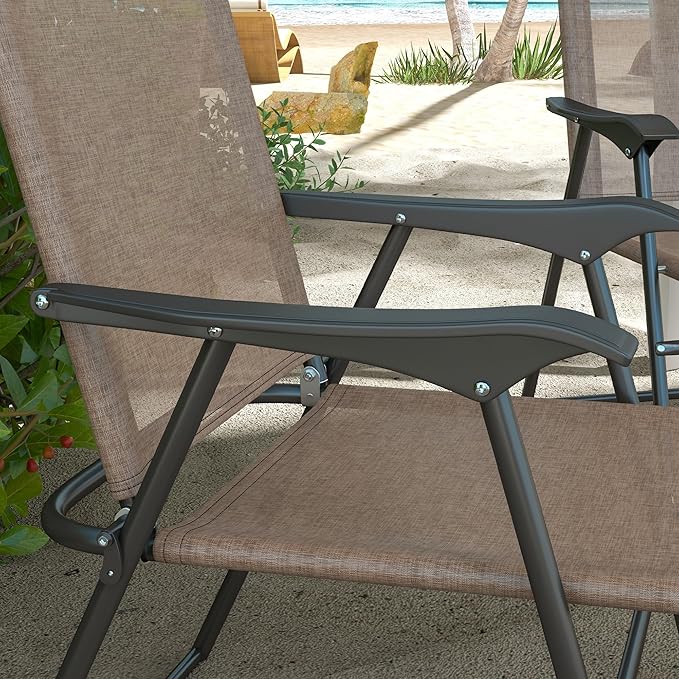 Folding Patio Chairs Set of 4 Sports Chairs for Adults Camping Chairs with Armrests Breathable Mesh Fabric Seat for Lawn Brown