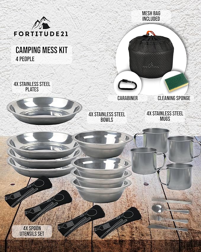 Stainless Steel Camping Mess Kit - Person's Complete Picnic &amp Camp Dish Set Includes Plate Bowl Cup &amp Utensils