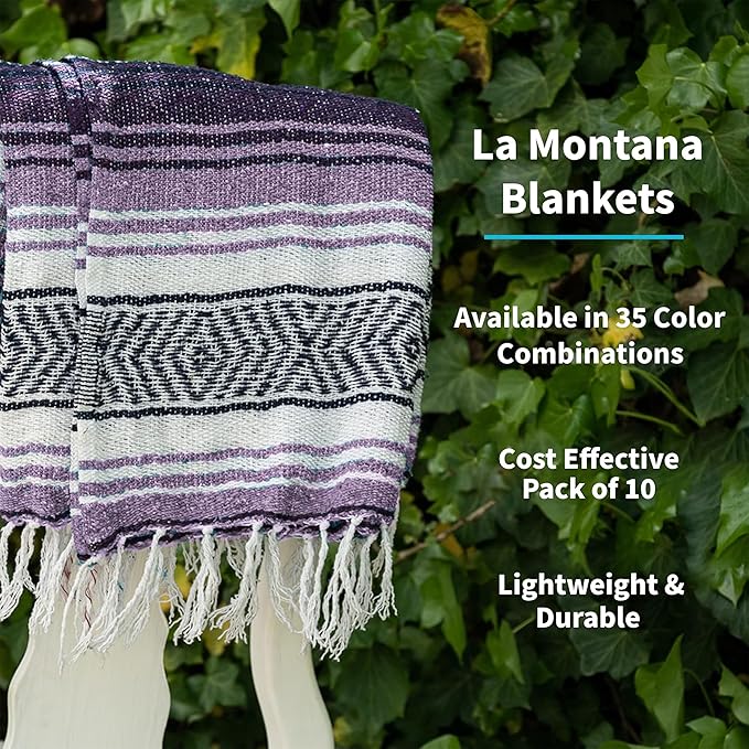La Montana Mexican Blankets and Throws 4 Pack 74x50 - Made in Mexico Lightweight Yoga Blanket for Schools Studios Outdoors Camping Picnic Decor - Washable Dark Purple/Light Purple/White