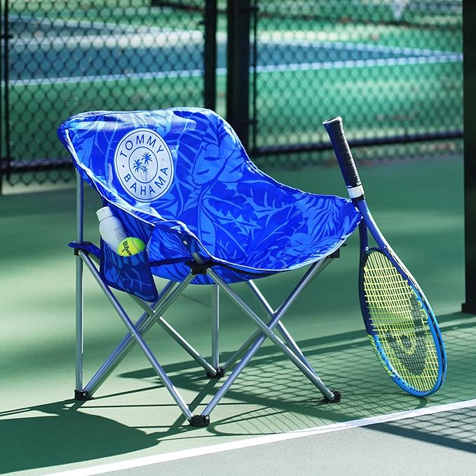 Tommy Bahama Go Everywhere 2-Pack Outdoor Folding Moon Chairs with Storage Pouch and Carry Bag Lightweight Portable Camping Chairs Supports up to 200 lbs. Blue
