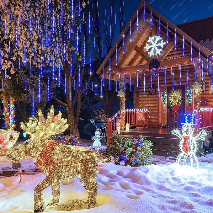 KNONEW 40 Tubes 1120 LED Meteor Shower Lights Christmas Lights Outdoor Plug in Waterproof Falling Rain Light for Xmas Tree Wedding Party Garden Holiday Rooftop Decorations (Blue)