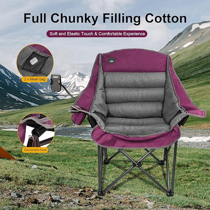 Northroad Oversized XL Padded Camping Chair w/Cell Phone Holder Large Camp Lounge Chair Foldable Lawn Chair w/Cup HolderCarry Bag for Outdoor Hiking Beach Picnics Heavy-Duty 400-lbs Capacity