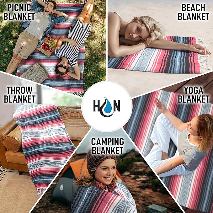 Hydration Nation Authentic Large Handwoven Mexican Striped Throw Blanket - Soft Durable Eco-Friendly - 70x50 - Azure