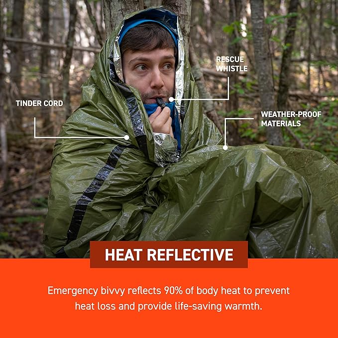 Survive Outdoors Longer 90% Emergency Bivvy - Comes with Survival Whistle &amp Tinder Paracord Drawstring - Add to Emergency Kit &amp Hiking Gear - Waterproof Windproof &amp Tear-Resistant