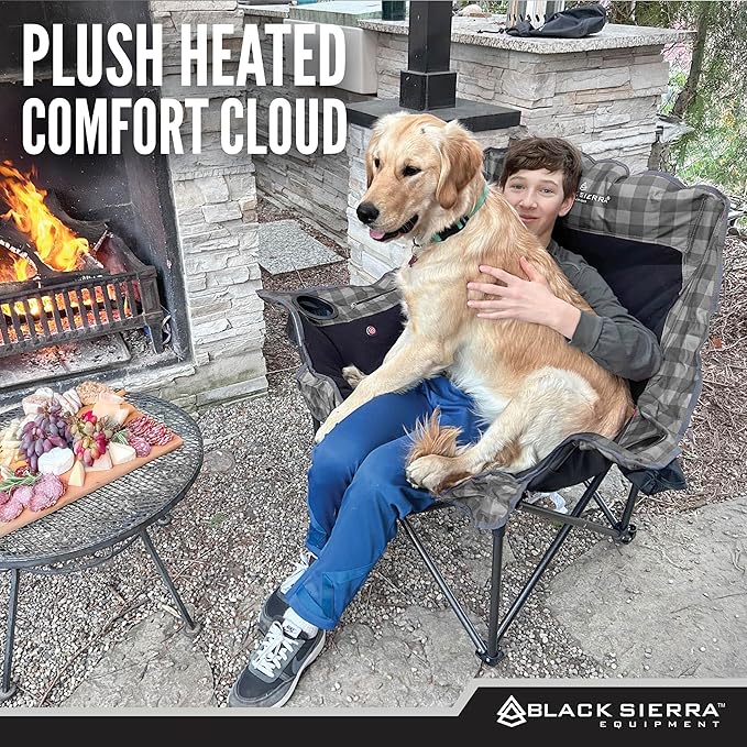 Black Sierra Heated Fleece Camping Chair for Adults Oversized Outdoor Seat with Plush Padding Supports 400lbs Cup Holders and Carry Bag Heavy Duty Folding Chair for Tailgating or Patio (Black)