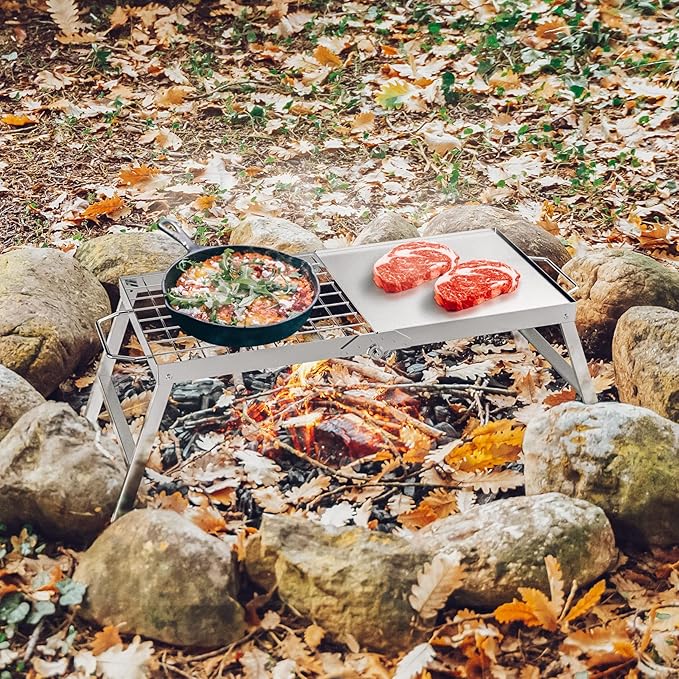 Skyflame Folding Campfire Grill Portable Stainless Steel Camping Grill Grate and Camp Grill Griddle with Collapsible Legs for Versatile Outdoor Backpacking BBQ Over Fire Pit Cooking
