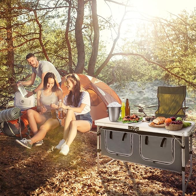 Elevon Aluminum Alloy Portable Camping Dining Storage Compartment Adjustable Table Legs Suitable for Beaches Courtyards Picnics BBQ and Parties White