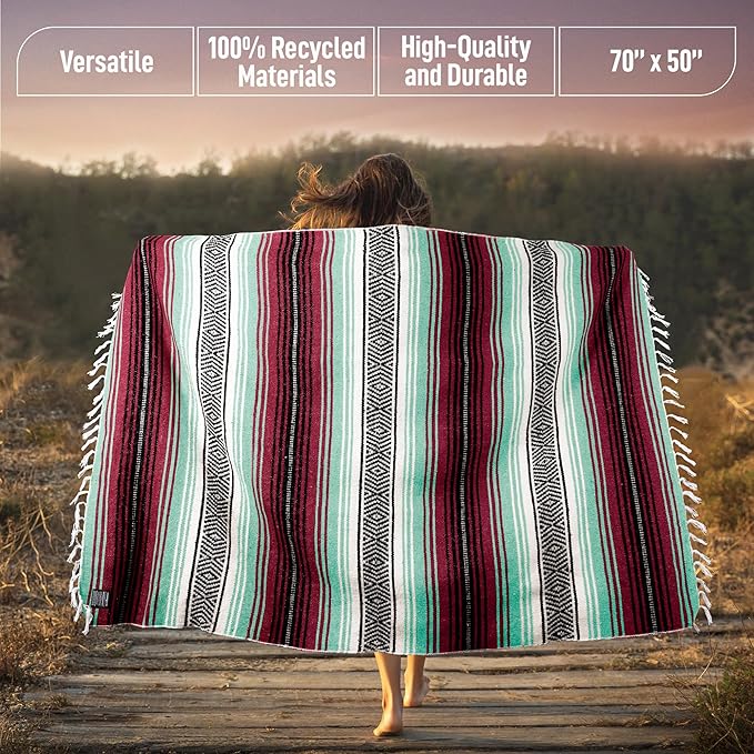 Hydration Nation Authentic Large Handwoven Mexican Blanket - Soft Yoga- Durable Serape- Lightweight Falsa Beach Camping Picnic Outdoor Blanket 70x50 - Miami Vice