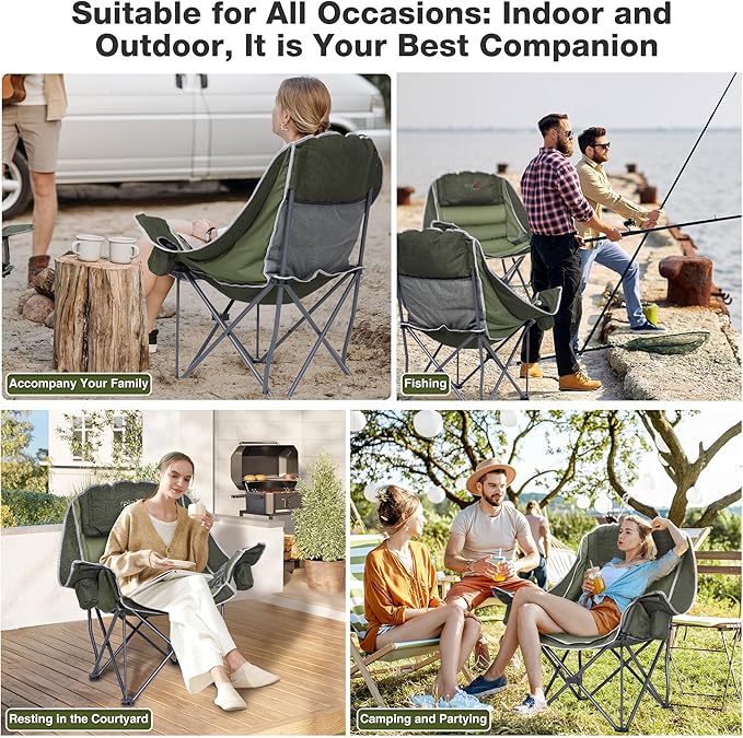 Oversized Camping Chair Portable Folding Padded Camp Chairs with Side Pocket Cup Holder Heavy Duty Support 500LBS Outdoor Lounge Chair for Adults Fishing Sports Trip Green