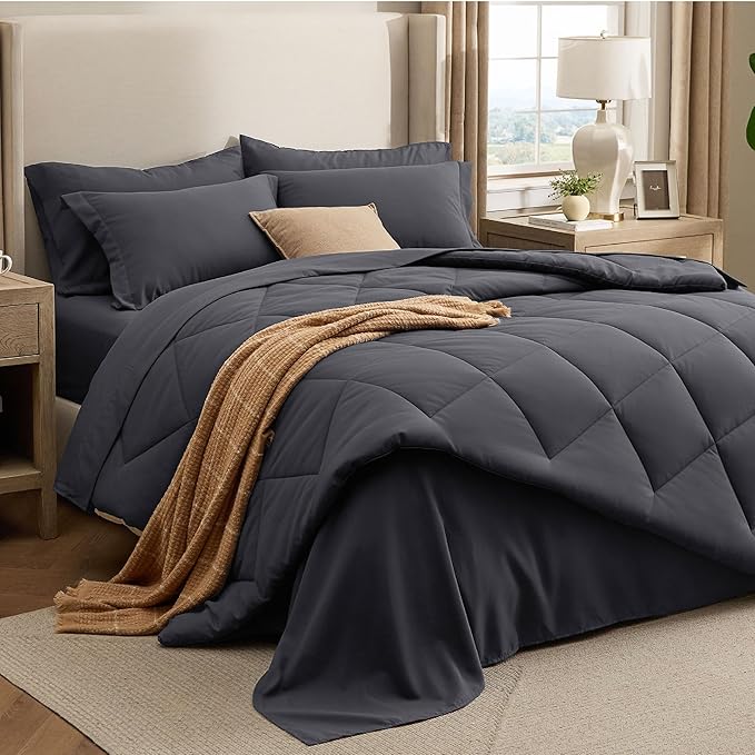 Bedsure 7 Pieces Full Comforter Set Premium Series Hotel Luxury Soft Bed in a Bag Goose Down Alternative Safe for Sensitive Skin Bedding Comforter All Season Medium Warmth Dark Grey Full Size