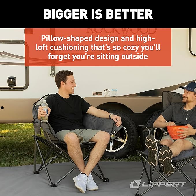 Lippert Big Bear Duotone Camping Chair - Dark Grey with Sand Accent Comfortable Round Shape Oversized Pillow Cushions Powder Coated Steel 600D Polyester Fabric 300 lb. Capacity 2022114817