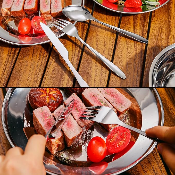 Odoland 29pcs Stainless Steel Utensils Camping Mess Kits with Bowls Plates Cups Forks Spoons and Knives for 4 Cutlery Flatware Set for Backpacking Outdoor Camping Hiking and Picnic
