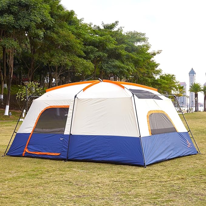 KTT Extra Large Tent 10-12-14 Person(B)Family Cabin Tents2 Rooms3 Doors and 3 Windows with MeshStraight WallWaterproofDouble LayerBig Tent for OutdoorPicnicCampingFamily Gathering