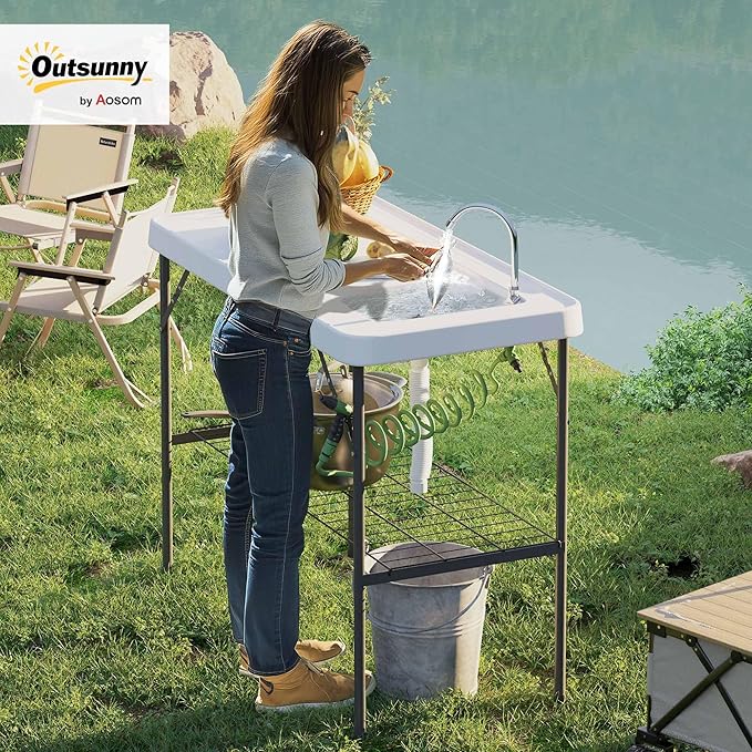 Outsunny Folding Fish Cleaning Table Portable Camping Sink Station with Faucet Drainage Hose Sprayer Grid Rack and Knife Groove Outdoor Fillet Table for Picnic Beach Patio White