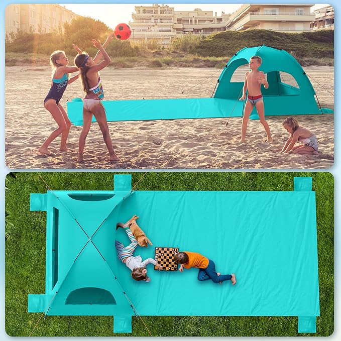 Beach Tent Sun Shelter with Extended Sand Mat 114×82inchUPF 50+ Protection 3 Double-Layer Windows for Enhanced Privacy Portable Beach Shade 3-4 People. Windproof and Waterproof