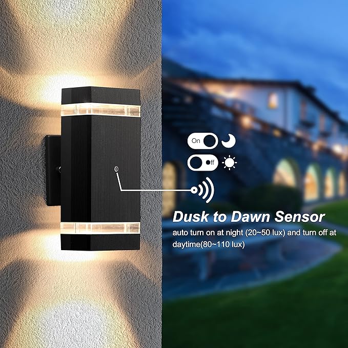 LMP 2 Packs Dusk to Dawn Outdoor Lighting Wall Sconce with 5w LED Bulbs Outside Lights for House IP65 Waterproof Aluminum Up and Down Outdoor Lights for House Garage Porch Doorway