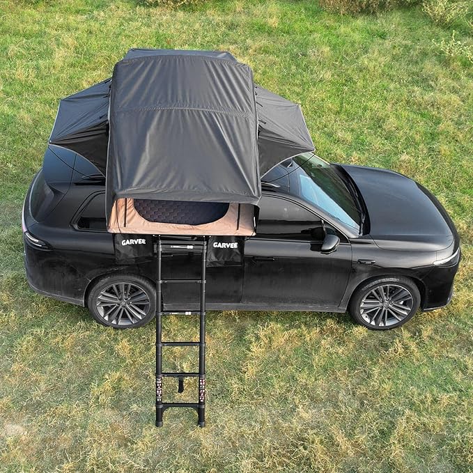Garvee Rooftop Tent Soft Shell Easy Setup Roof Top Tent with Telescopic Ladder &amp LED Light Waterproof UV Resistant 4-Season Design for 2-3 Person Camping on Truck SUV Van Trailer