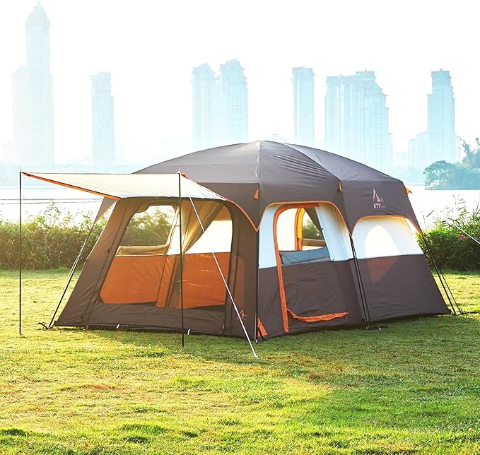 KTT Extra Large Tent 8-10-12 PersonFamily Cabin Tents2 Rooms3 Doors and 3 Windows with MeshStraight WallWaterproofDouble LayerBig Tents for OutdoorPicnicCampingFamily Gathering