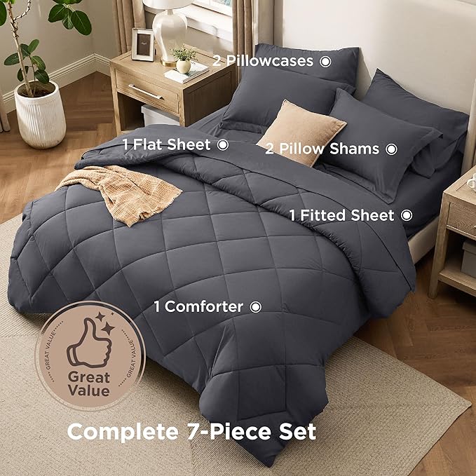 Bedsure 7 Pieces Full Comforter Set Premium Series Hotel Luxury Soft Bed in a Bag Goose Down Alternative Safe for Sensitive Skin Bedding Comforter All Season Medium Warmth Dark Grey Full Size