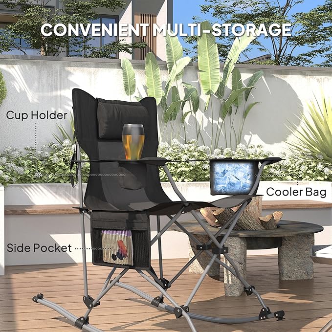 Outsunny Folding Rocking Camping Chairs for Adults Portable Outdoor Rocking Chairs with Headrest Cooler Bag Cup Holder Carry Bag for Picnic Outside and Outdoor Travel 2 Pack Black