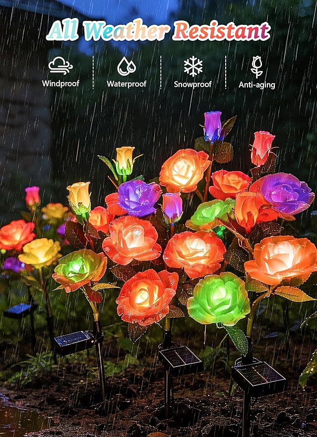 Brightown Outdoor Solar Flower Lights 4 Pack 7-Color Changing Solar Garden Lights with Larger &amp More Realistic Rose Bigger Solar Panel Waterproof Solar Lights for Yard Garden Lawn Pathway Decor