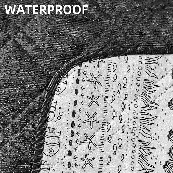 60x80” Double Thickened Picnic Blankets(150g High Density Cotton Stuffed) White Fish Pattern Outdoor Picnic Mat Portable Picnic Blanket Foldable with Leather Carry Strap Beach Blanket