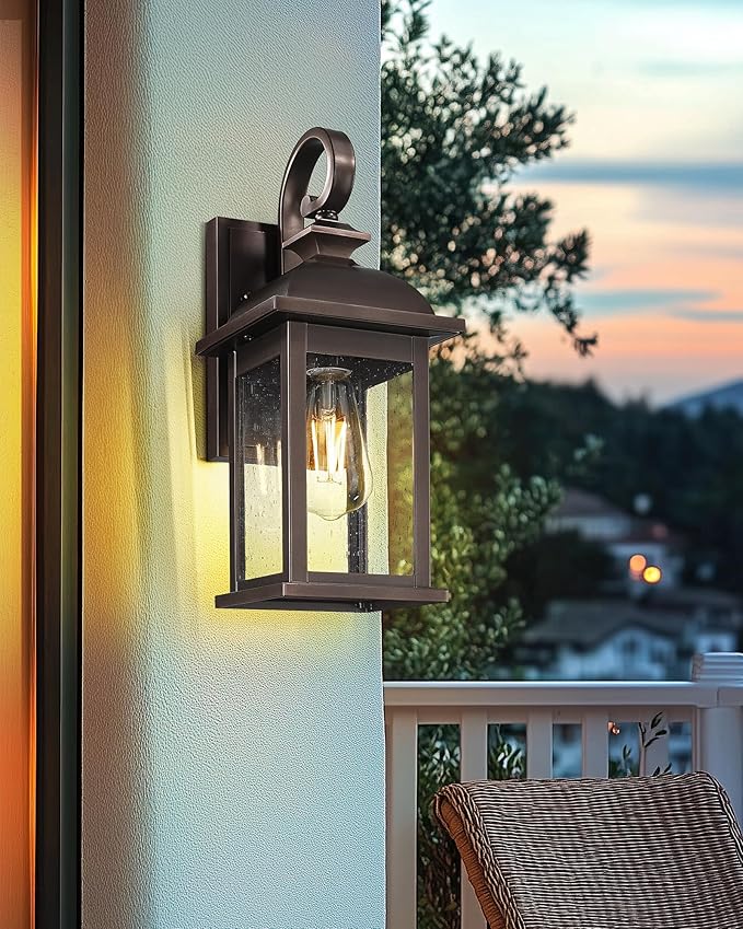 FEMILA 2-Pack Outdoor Wall Sconce Lights Oil Rubbed Bronze 15 Exterior Outdoor Light Fixtures Wall Mount with Seeded Glass for Front Porch Patio Garage 4FD54B-2PK ORB