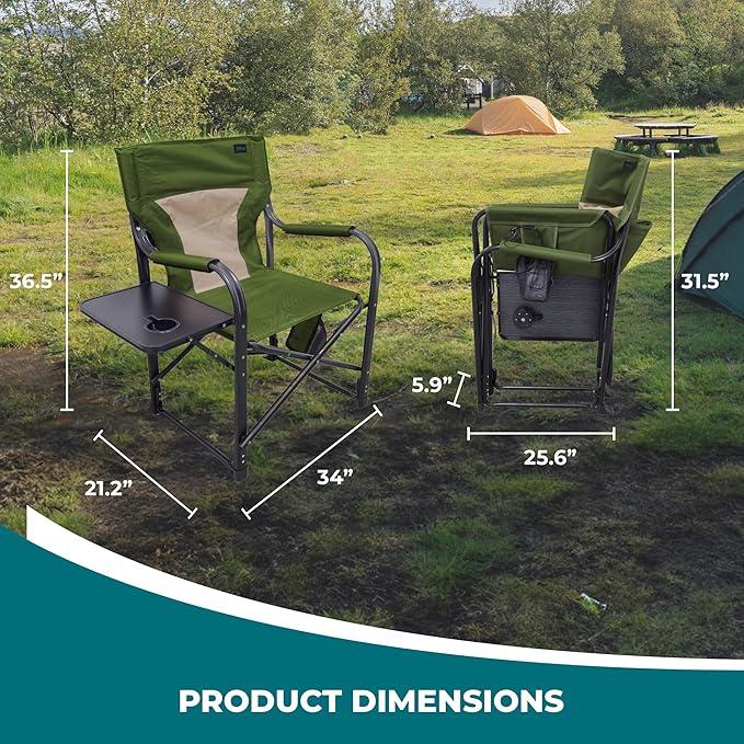 Bliss Hammocks 24 Volt Heated Directors Seat with 3 Heat Settings Folding Portable 21 Inch Wide Steel Frame Camping Chair - Battery Included Green