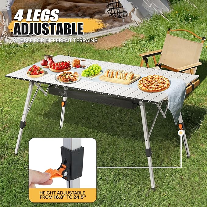 MADOG Folding Camping Table 47'' Portable Aluminum Roll Up Table with Carry Bag Camp Convenient for Picnics Camping Silver