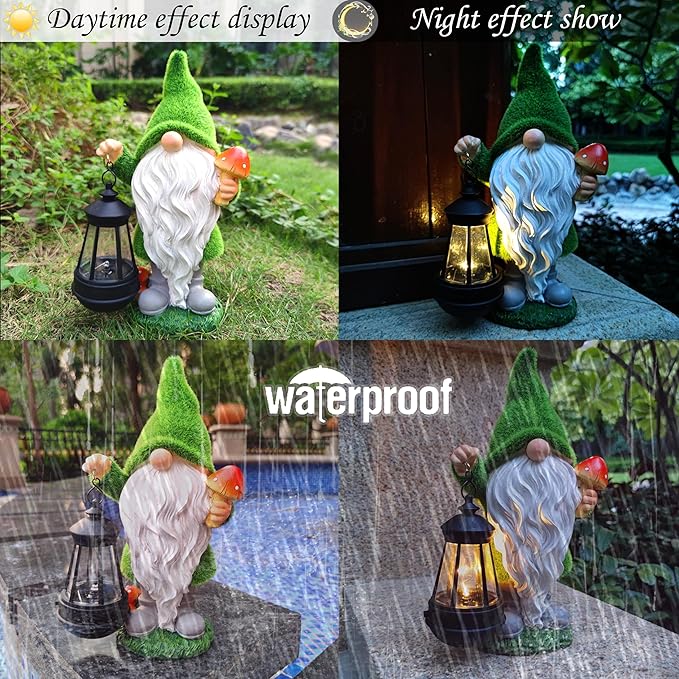 Gnomes Solar Garden StatuesResin Gnome Figurine Decorations Holding Mushroom and Solar Lights Lantern Outdoor Figurines Lawn Garden Statue Decor Art for LawnYard Balcony Ornament.