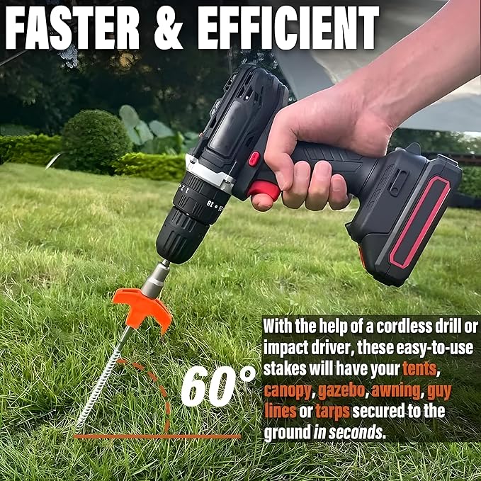 8” Screw in Tent StakesDrillable Tent Stakes Heavy DutyCamping Tent Stake Screw with 13ft Rope 13mm Hex Head DriverStorage Bag for OutdoorCampingDog Anchors (16 Black)