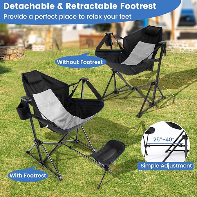HAPPYGRILL Hammock Camping Chair Folding Camping Swinging Chair with Retractable Footrest Cozy Head Pillow Carrying Bag Portable Lightweight Rocking Chair for Camping Fishing Picnic