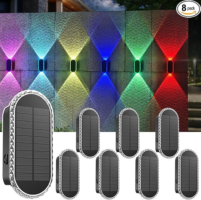 8PK Solar Fence Lights Outdoor - Solar Outdoor Light Warm White &amp RGB Lights for Outside Backyard Patio Deck Fence Stair Handrail Pool and Wall