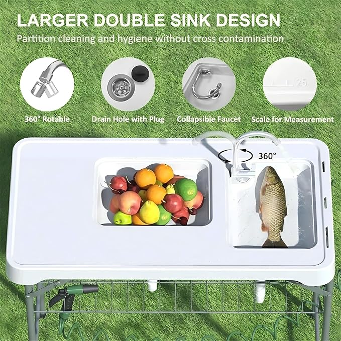 Folding Fish Cleaning Table Portable Camping Double Sinks Table with 2 Dual Water Basins Faucet Drainage Hose Sprayer Outdoor Fish Fillet Cleaning Station with Storage Box