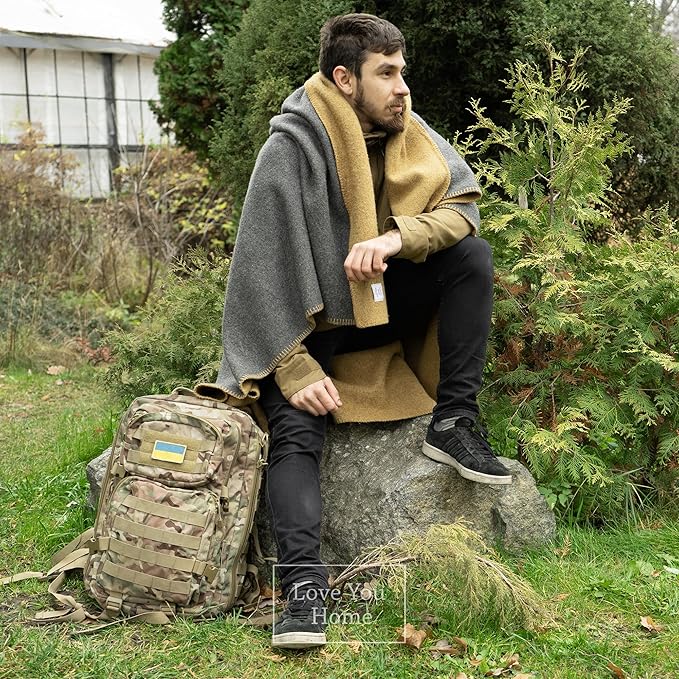 LYHome Merino Wool Blanket - Outdoor Camping and Hiking Throw Extra Warm Army Military &amp Hunting Blankets for Cold Weather Warmest Plaid Pure Sheep Wool (59 x 84 | Mustard - Gray Double-Sided)