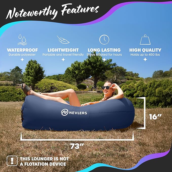 Nevlers Navy &amp Red Inflatable Lounger 2 Pack | 210T Polyester Inflatable Couch | No-Pump Blow Up Chair Set| Inflatable Sofa w/ 450lbs Capacity Pockets &amp Matching Bag for Use as Festival Acces