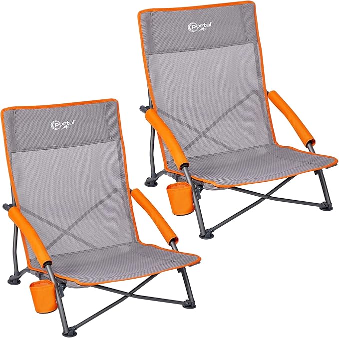 Portal Beach Chairs for Adults Camping Low Lightweight Portable Chair with Cup Holder Mesh Back Carry Bag for Outdoor Sand Lawn Travel Picnic Festival Concert
