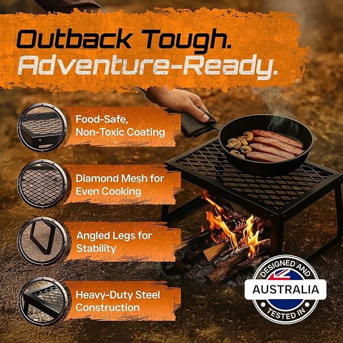 Folding Campfire Grill – Portable Over-Fire Grill with Food-Safe Coating Heavy Duty Steel Compact with Folding Legs - Camping RV Overlanding Fire Pits