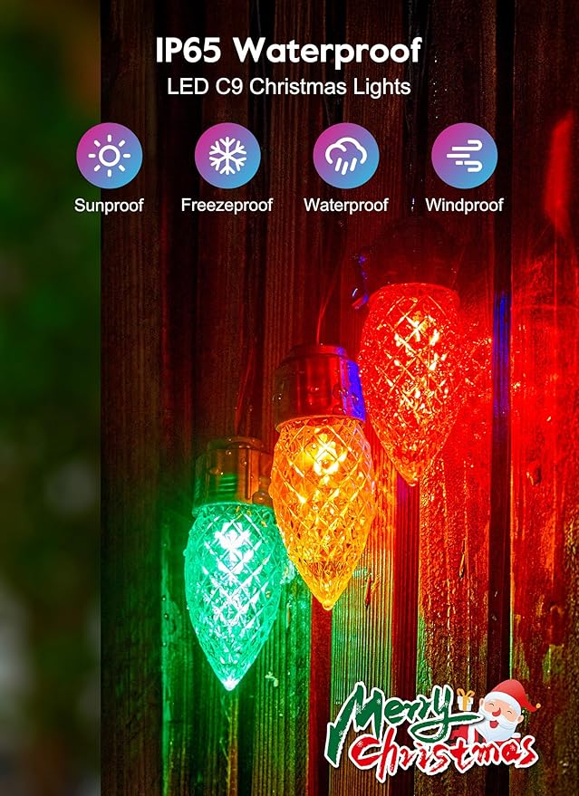 Solar Christmas Lights Outdoor 2 Pack 50 LED C9 Strawberry String Light with Timer &amp 8 Light Mode Waterproof Solar Christmas Tree Lights for Outside Garden Patio Party Christmas Decor Multicolo