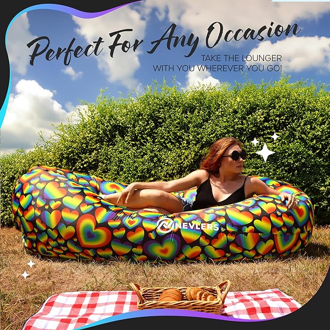 Nevlers Rainbow Heart Inflatable Lounger Air Sofa | 210T Polyester Inflatable Couch | No-Pump Air Couch | Inflatable Sofa w/ 450lbs. Cap. Pockets &amp Matching Bag | Use as Camp Chairs for Adults &a