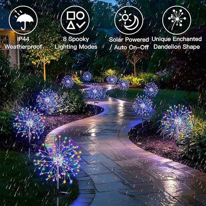 suddus Solar Garden Lights Outdoor Waterproof Upgrade 2 Pack 150LED Solar Firework Lights 8 Modes Starburst Fairy Light for Front Yard Driveway Bushes Patio Christmas Decor (Multicolor)