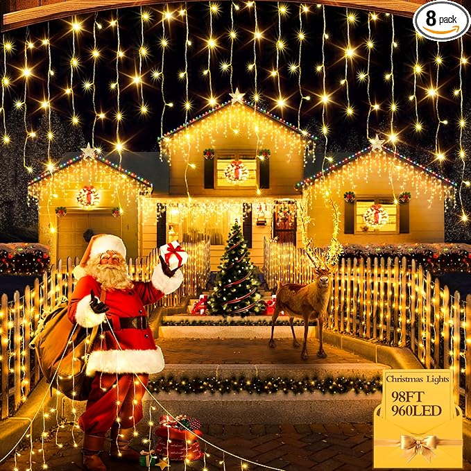 98FT 960 LED Christmas Lights Waterproof 8 Modes Ice Lights for Outside with Memory and Timer Hanging Fairy Lights Plug-in Curtain String Lights for Holiday Party Wedding Home (Warm White)