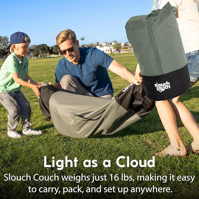Slouch Couch | Air Sofa with Built-in Pump Hidden Cup Holders Storage Pockets | Durable Blow Up Couch with High-Performance Fabric for Camping Beach Home &amp Outdoors (Happy Camper)