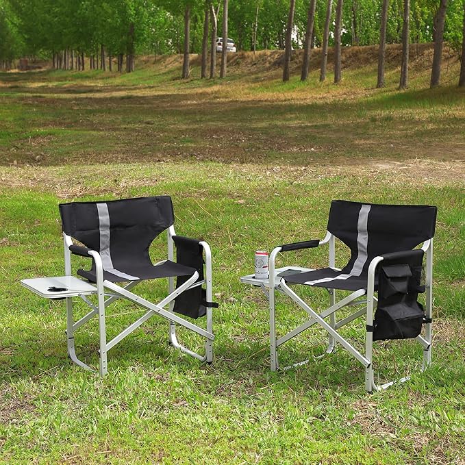 2 Pcs Padded Folding Outdoor Chair with Side Table and Storage PocketsLightweight Oversized Directors Chair for Indoor Outdoor Camping Picnics and FishingBlackGrey