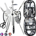 Wellmax 10-Piece Stainless Steel Camping Cooking Set – Compact All-in-One Cookware Kit with Utensils &amp Travel Bag for Campers Hikers Outdoor Adventures Grey Camo Color