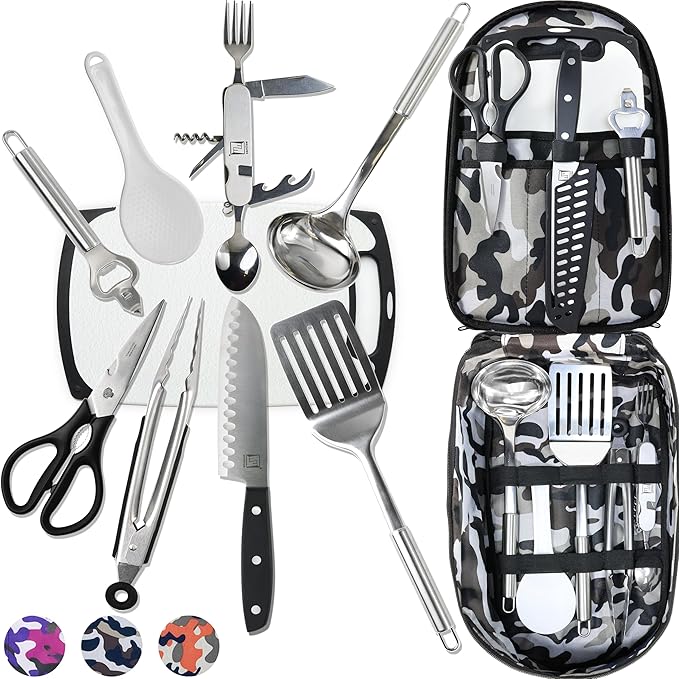 Wellmax 10-Piece Stainless Steel Camping Cooking Set – Compact All-in-One Cookware Kit with Utensils &amp Travel Bag for Campers Hikers Outdoor Adventures Grey Camo Color